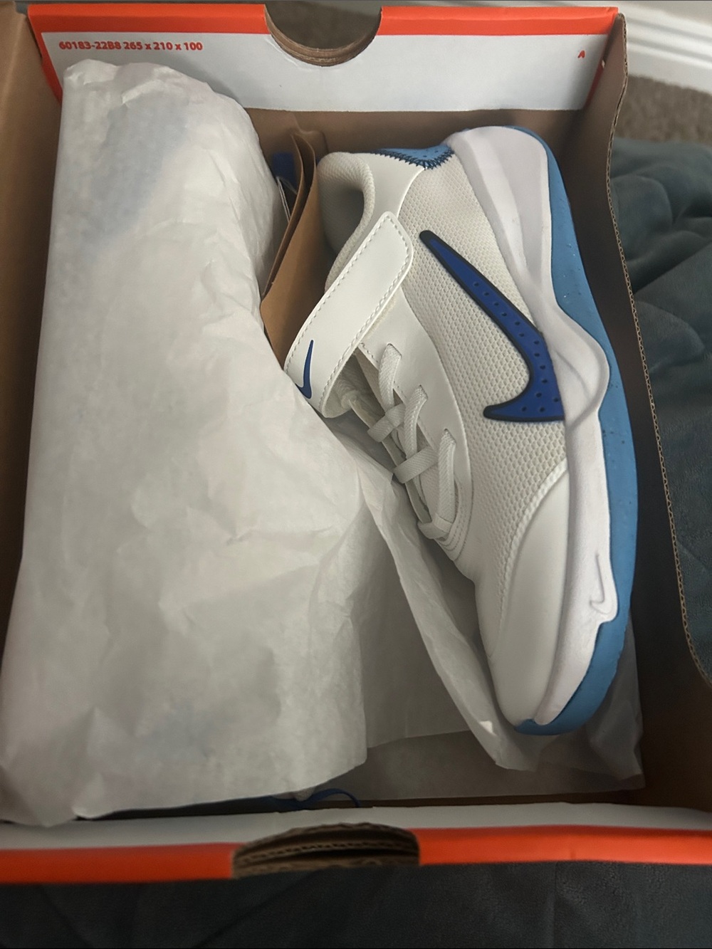 Nike Kids Omni Multi-Court White and Blue Velcro Athletic Sneakers